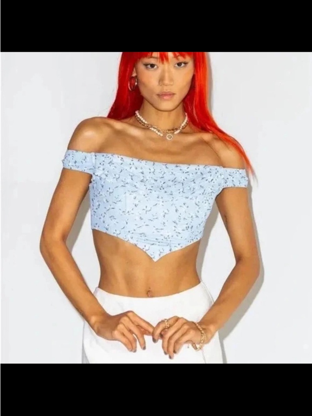 Princess Polly Light Blue Floral Off-Shoulder Corset Crop Top Size 6